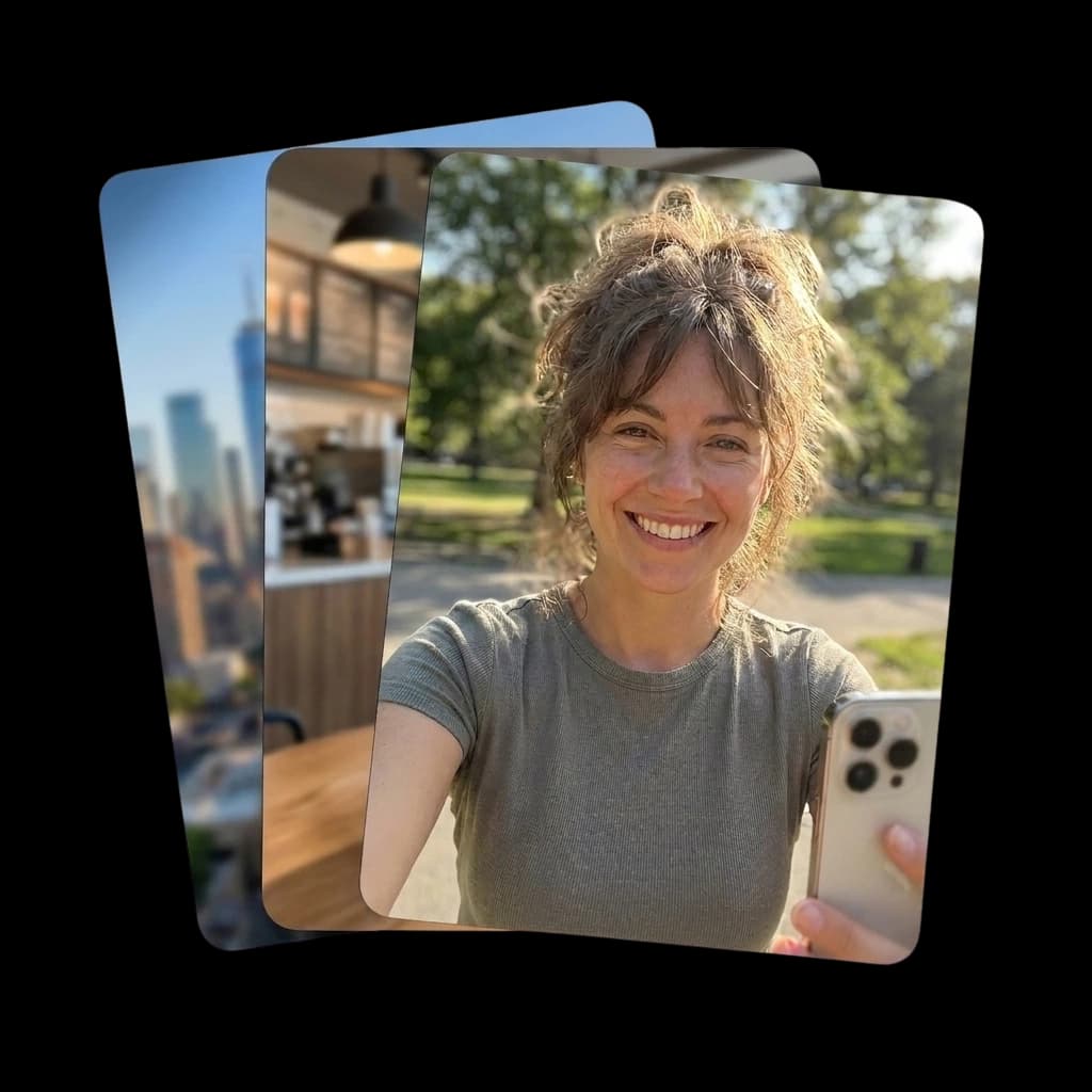 Stacked photo cards: a clear portrait in front of blurred scenes, illustrating one face across many videos.