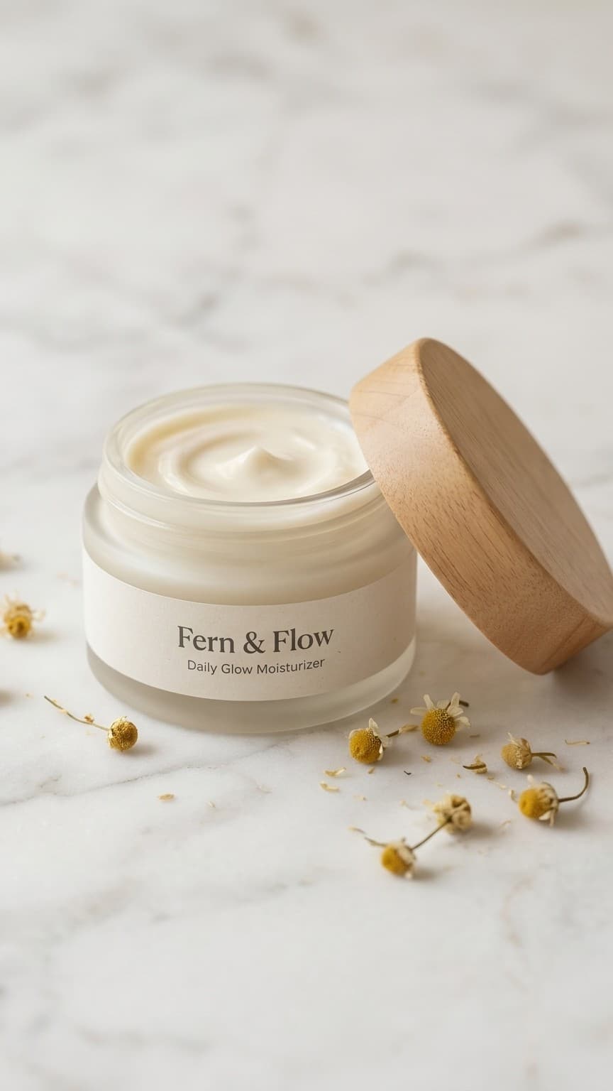 Product hero: moisturizer jar on marble with natural props.