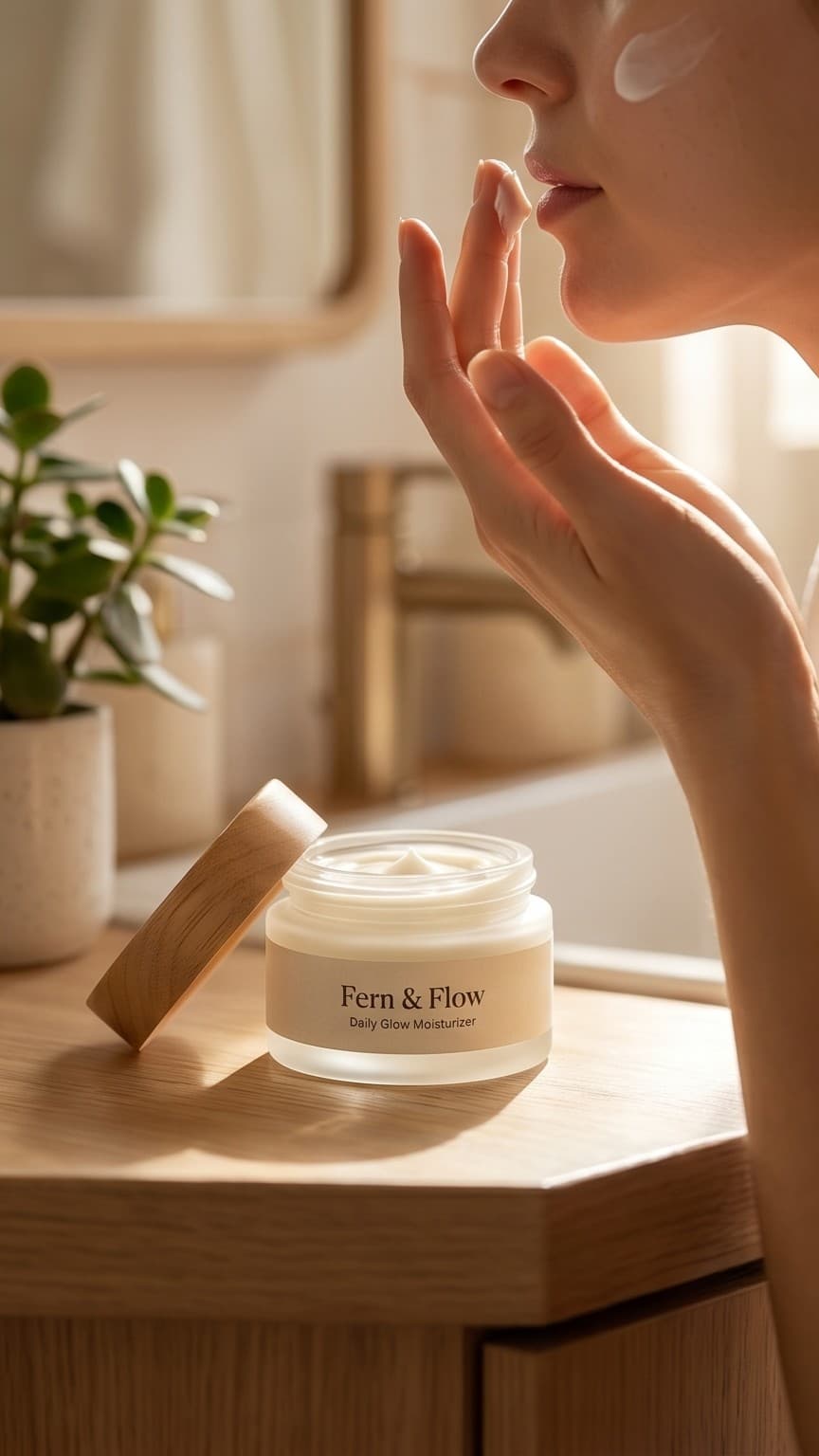 Lifestyle: moisturizer in a bright bathroom routine.