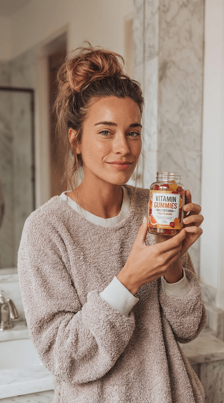 Depicts an example of a typical AI UGC video: A woman is holding a vitamin bottle looking into the lense as if she's trying to talk about her experience using this product.