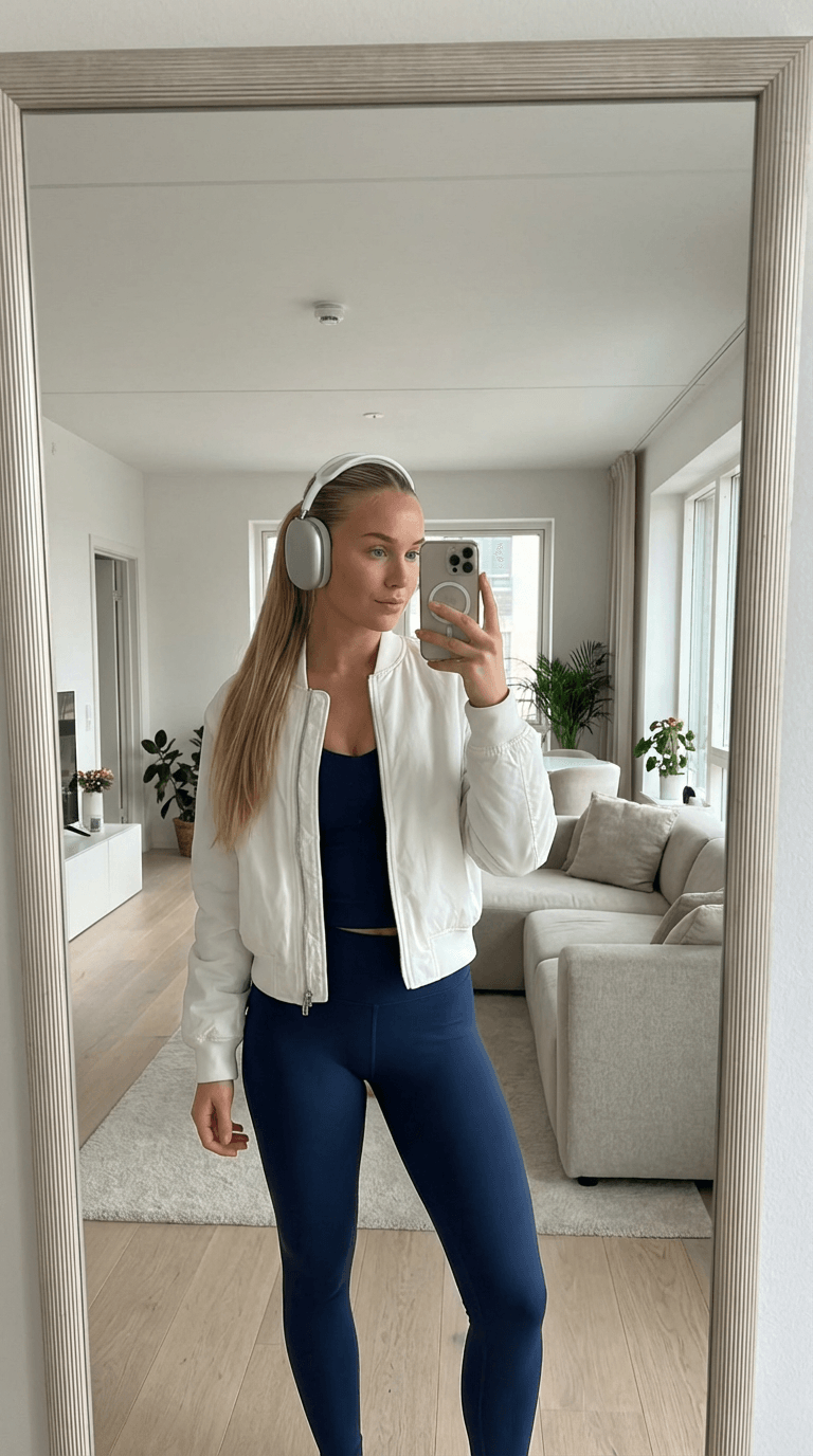 23-year-old female European influencer, named Jenny, standing in front of her modern European style living room mirror taking a mirror selfie of her outfit. Facial features: Scandinavian, long blonde hair styled in a slick back ponytail, blue eyes, fit, defined jawline. Visual style: hyper realistic, 8k quality. Clothing: comfy dark blue Alo yoga leggings + matching dark blue Alo yoga top. Silver AirPod Max on her head. White bomber jacket over her Alo top. Environment: Modern European-style living room, lots of natural lighting, neutral colors. Minimalistic