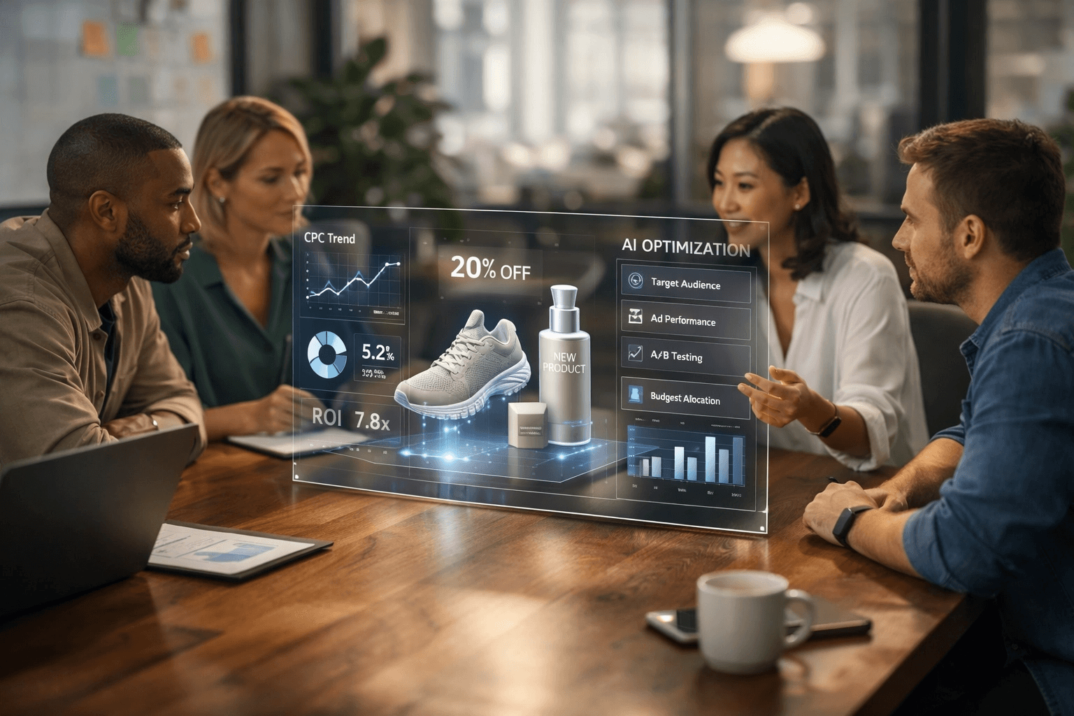 A realistic photograph of a diverse team of professional marketers in a modern, sunlit office collaborating around a sleek wooden table. In the center, a sophisticated, high-resolution holographic display shows real-time AI optimization of an advertising campaign, featuring 3D product models, CPC trends, and ROI metrics. The scene represents the future of human-AI collaboration in the 2026 advertising space.
