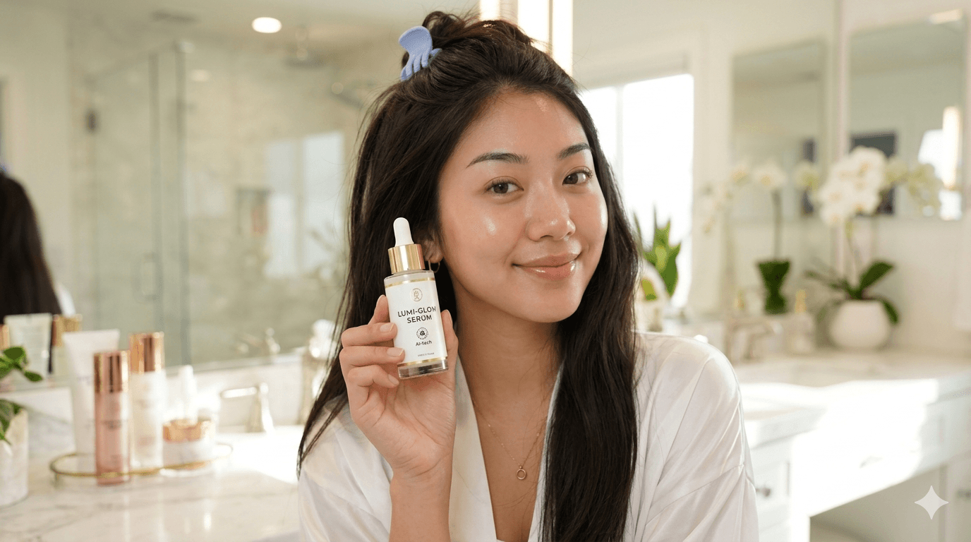 Korean skincare influencer standing in her bathroom filming her skincare routine holding a serum in her hand.